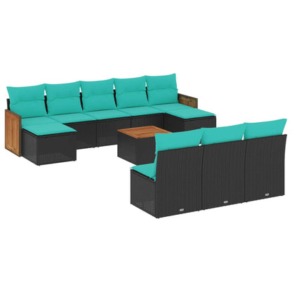 11-teiliges Gartensofa-Set mit Kissen, schwarzes Polyrattan