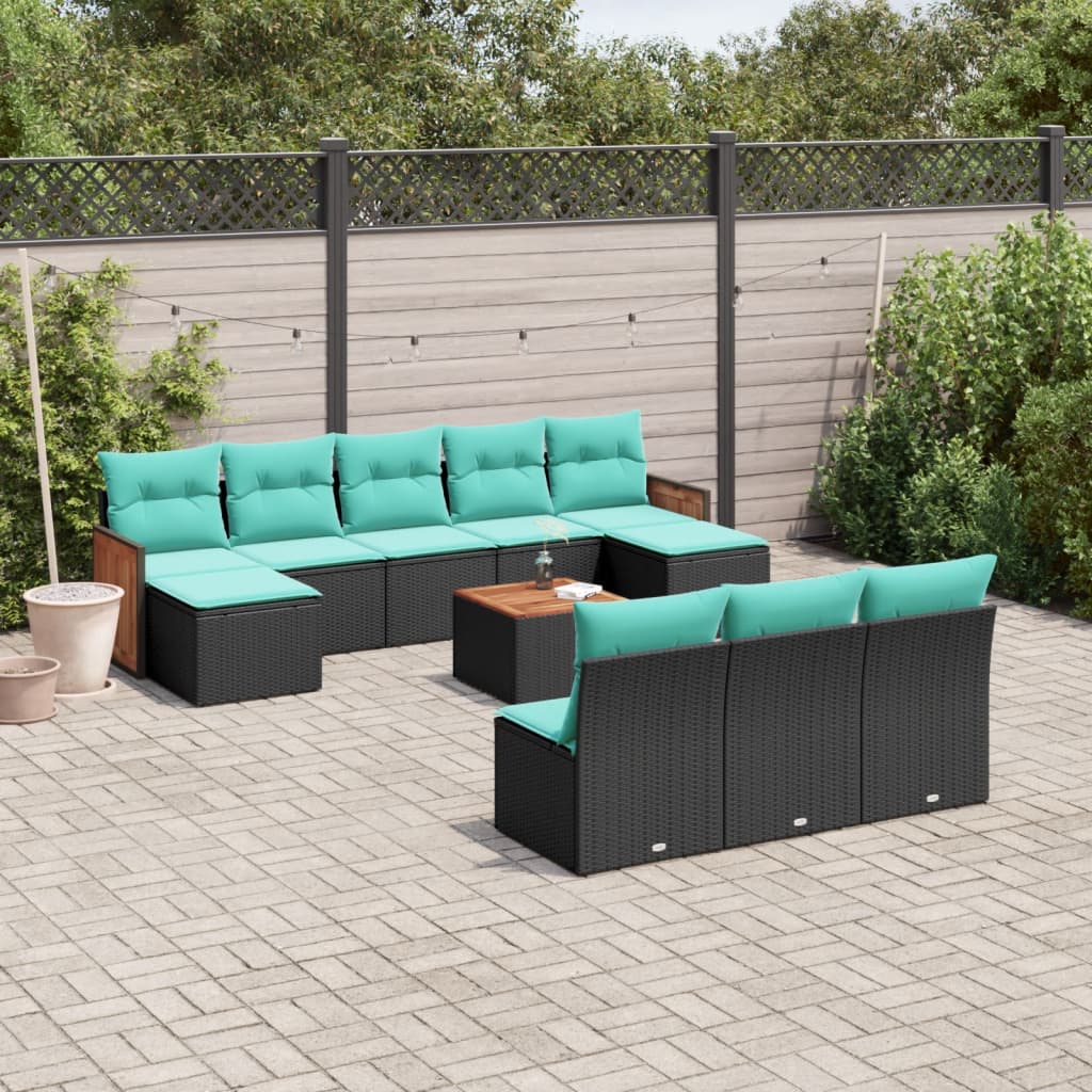 11-teiliges Gartensofa-Set mit Kissen, schwarzes Polyrattan