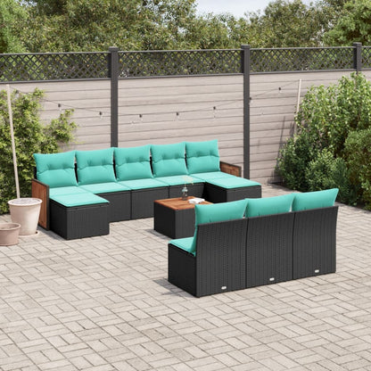 11-teiliges Gartensofa-Set mit Kissen, schwarzes Polyrattan