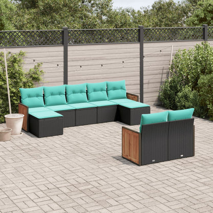 9-teiliges Gartensofa-Set mit Kissen, schwarzes Polyrattan