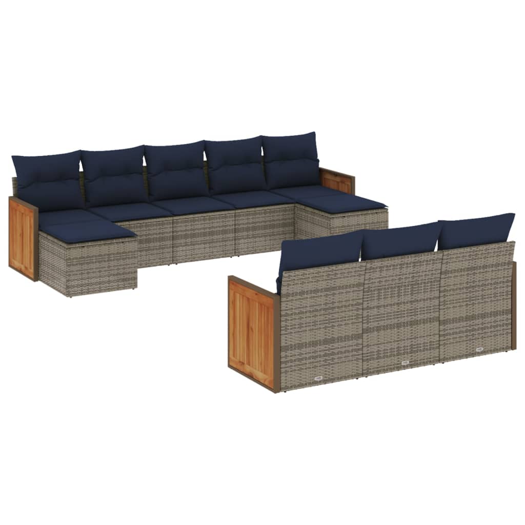 10-teiliges Gartensofa-Set mit Kissen, grau, Polyrattan