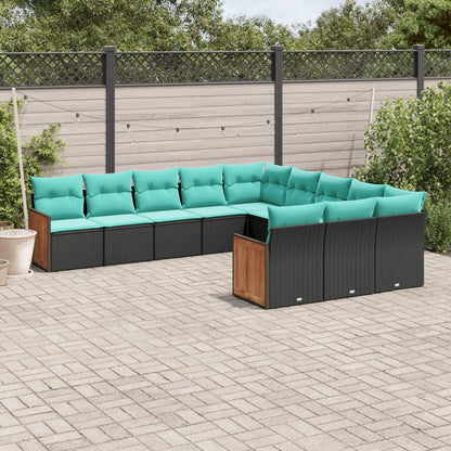 11-teiliges Gartensofa-Set mit Kissen, schwarzes Polyrattan