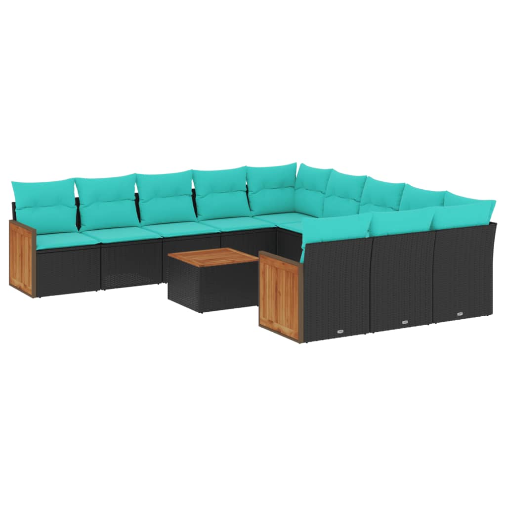 12-teiliges Gartensofa-Set mit Kissen, schwarzes Polyrattan