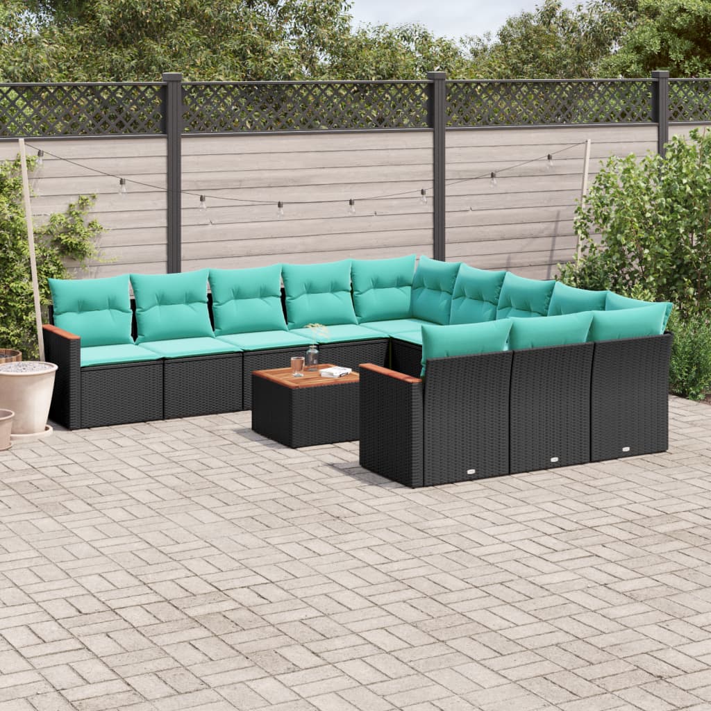 12-teiliges Gartensofa-Set mit Kissen, schwarzes Polyrattan