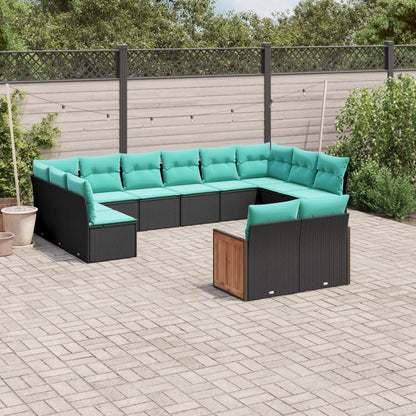 12-teiliges Gartensofa-Set mit Kissen, schwarzes Polyrattan