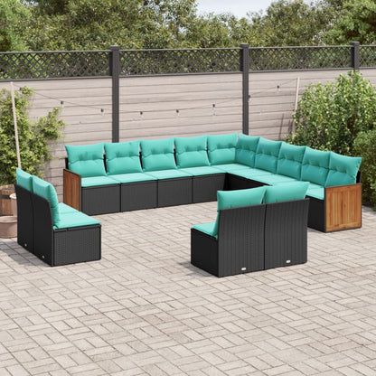 13-teiliges Gartensofa-Set mit Kissen, schwarzes Polyrattan