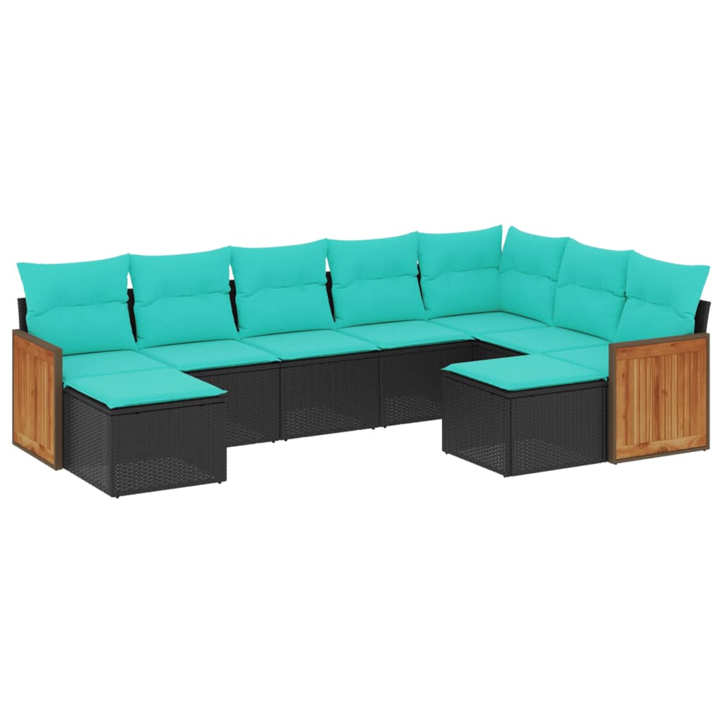 9-teiliges Gartensofa-Set mit Kissen, schwarzes Polyrattan