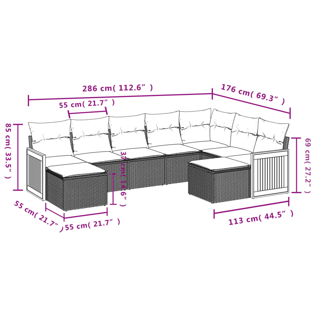 9-teiliges Gartensofa-Set mit Kissen, schwarzes Polyrattan