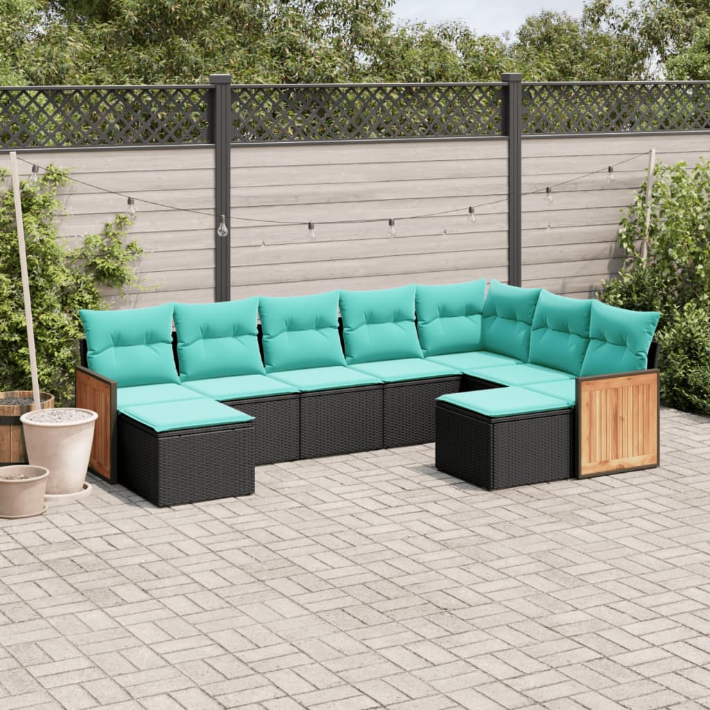 9-teiliges Gartensofa-Set mit Kissen, schwarzes Polyrattan