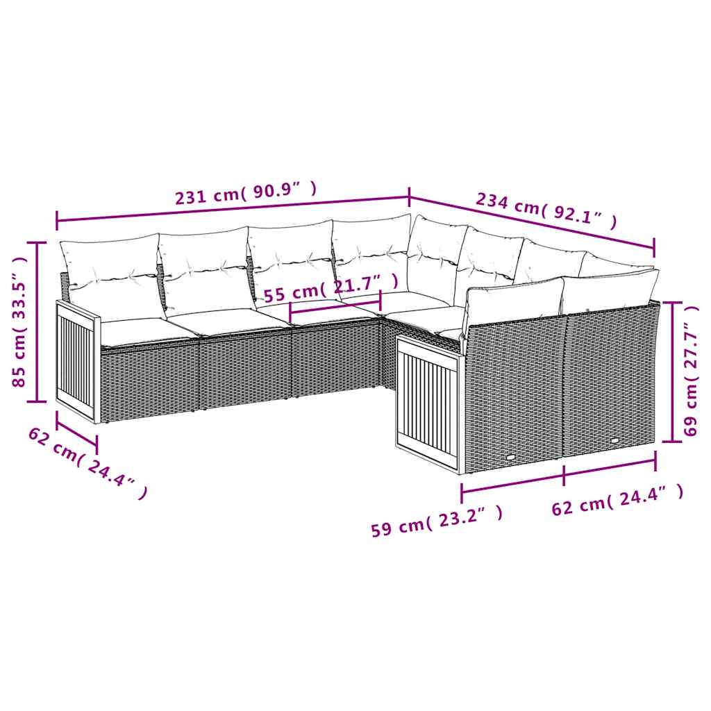 8-teiliges Gartensofa-Set mit Kissen, grau, Polyrattan