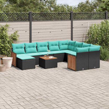 11-teiliges Gartensofa-Set mit Kissen, schwarzes Polyrattan