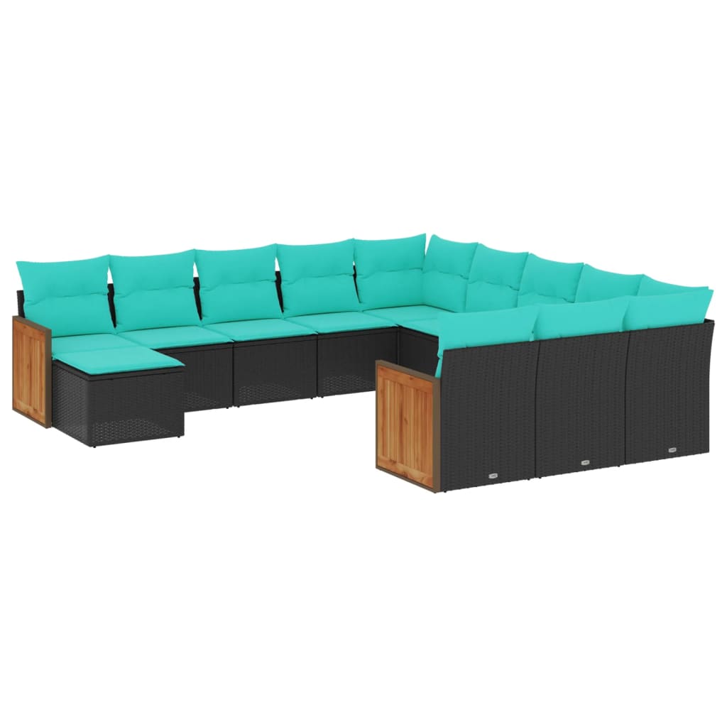 12-teiliges Gartensofa-Set mit Kissen, schwarzes Polyrattan