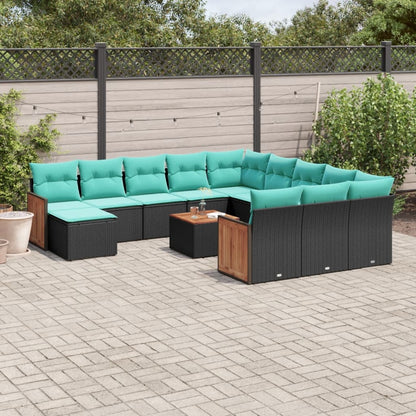 13-teiliges Gartensofa-Set mit Kissen, schwarzes Polyrattan