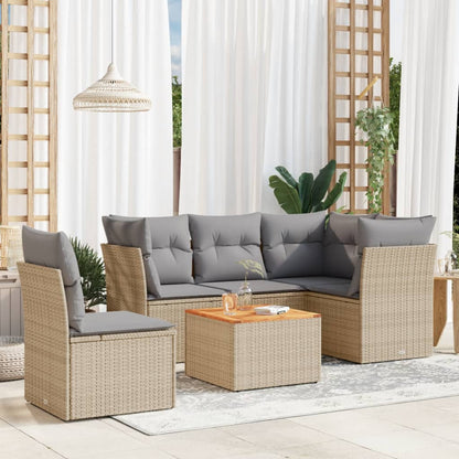 6-tlg. Garten-Sofagarnitur mit Kissen Beige Poly Rattan