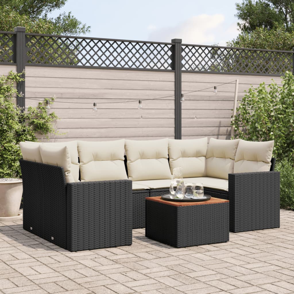 7-tlg. Garten-Sofagarnitur mit Kissen Schwarz Poly Rattan