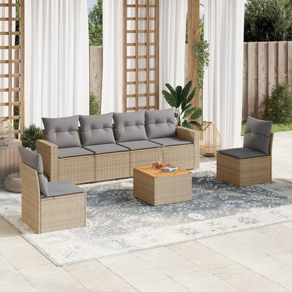 7-tlg. Garten-Sofagarnitur mit Kissen Beige Poly Rattan