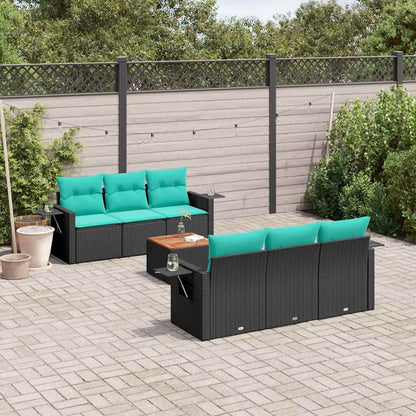 7-teiliges Gartensofa-Set mit Kissen, schwarzes Polyrattan