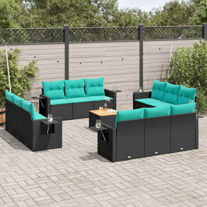 13-teiliges Gartensofa-Set mit Kissen, schwarzes Polyrattan
