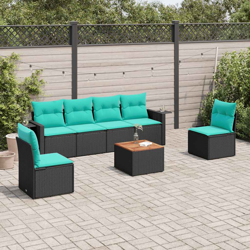 7-teiliges Gartensofa-Set mit Kissen, schwarzes Polyrattan