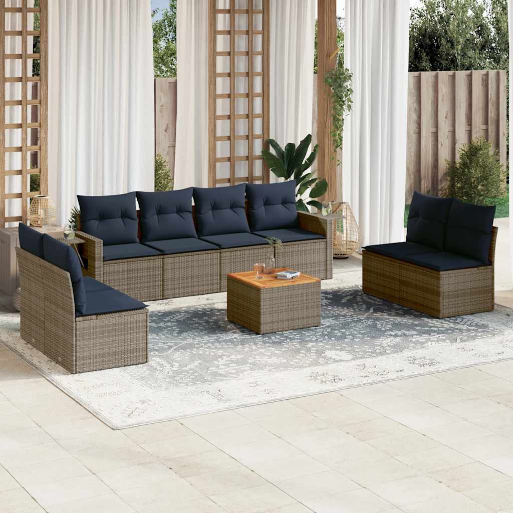 9-teiliges Gartensofa-Set mit Kissen, grau, Polyrattan