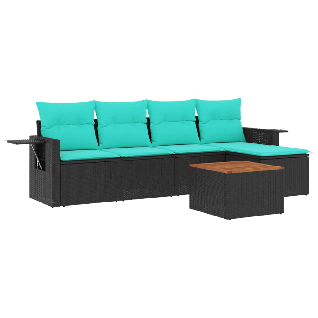 6-teiliges Gartensofa-Set mit Kissen, schwarzes Polyrattan