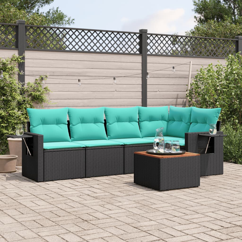 6-teiliges Gartensofa-Set mit Kissen, schwarzes Polyrattan