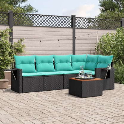 6-teiliges Gartensofa-Set mit Kissen, schwarzes Polyrattan