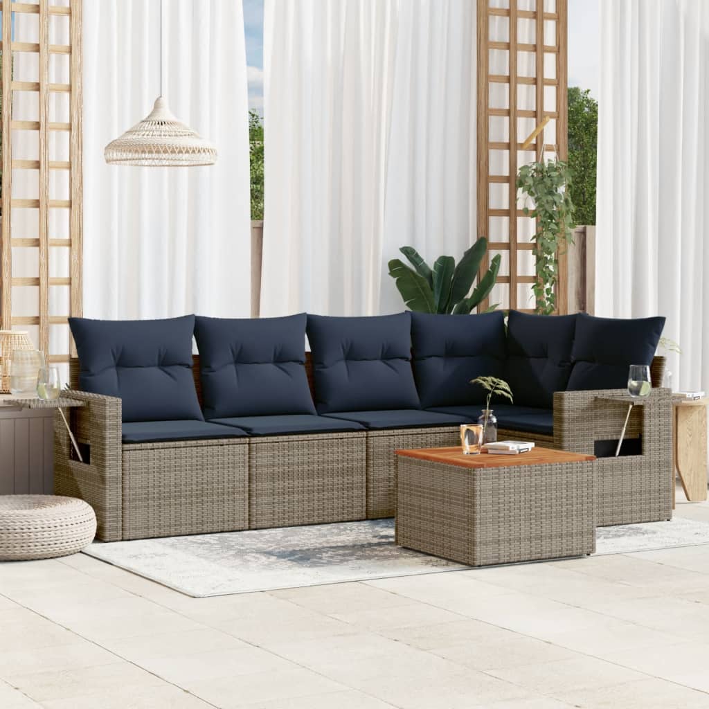 6-teiliges Gartensofa-Set mit Kissen, grau, Polyrattan