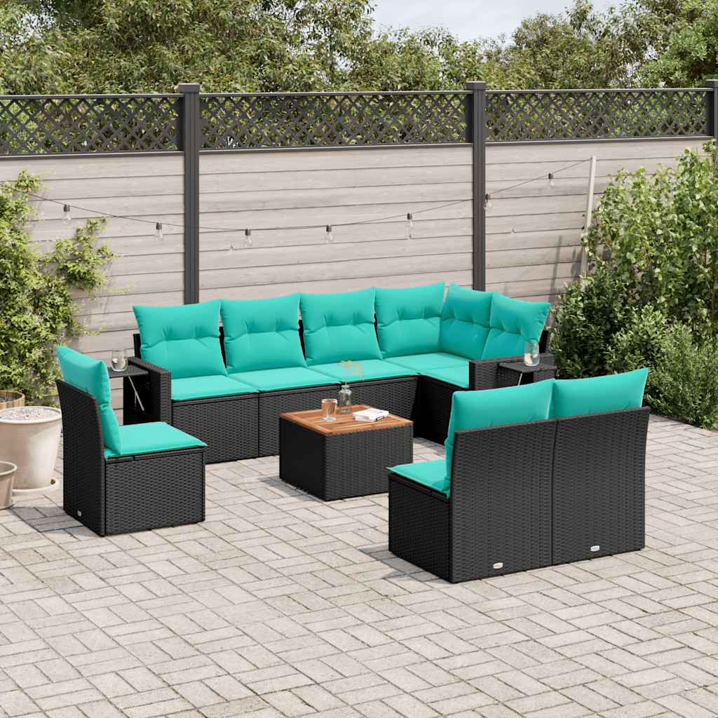 9-teiliges Gartensofa-Set mit Kissen, schwarzes Polyrattan