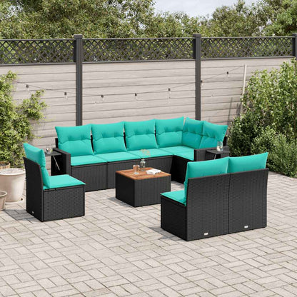 9-teiliges Gartensofa-Set mit Kissen, schwarzes Polyrattan