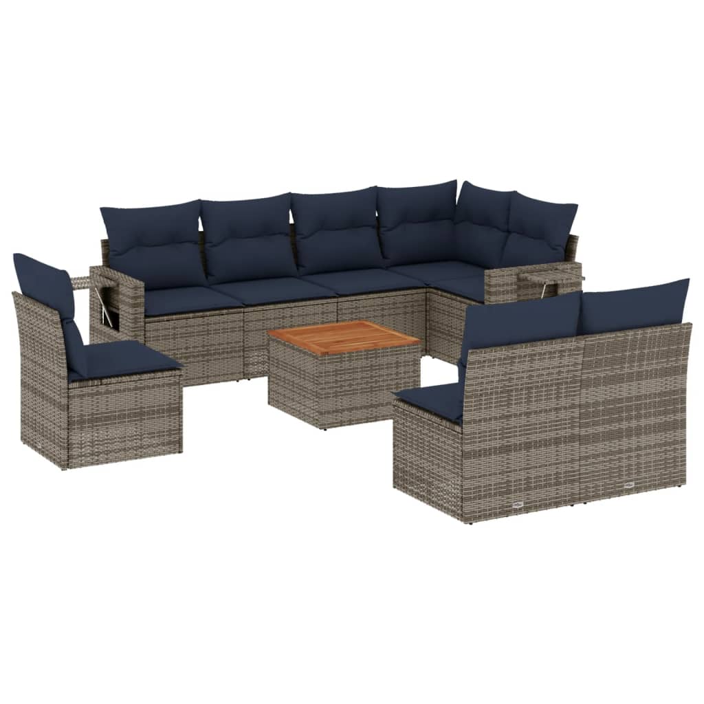 9-teiliges Gartensofa-Set mit Kissen, grau, Polyrattan