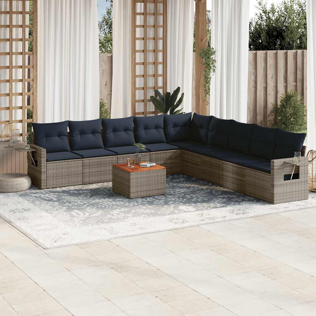 10-teiliges Gartensofa-Set mit Kissen, grau, Polyrattan