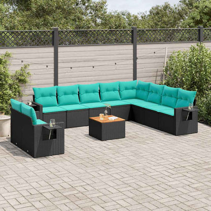 11-teiliges Gartensofa-Set mit Kissen, schwarzes Polyrattan