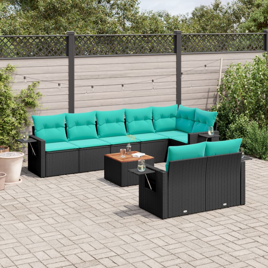 9-teiliges Gartensofa-Set mit Kissen, schwarzes Polyrattan