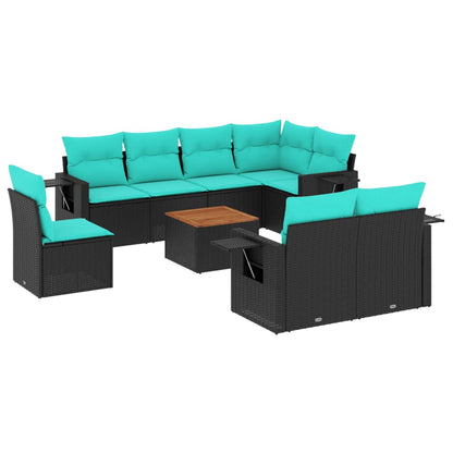 9-teiliges Gartensofa-Set mit Kissen, schwarzes Polyrattan