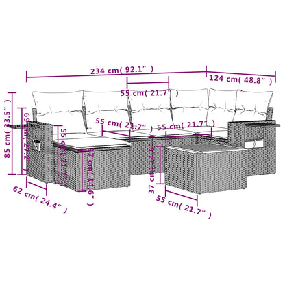 7-teiliges Gartensofa-Set mit Kissen, schwarzes Polyrattan