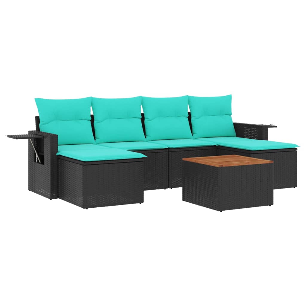 7-teiliges Gartensofa-Set mit Kissen, schwarzes Polyrattan