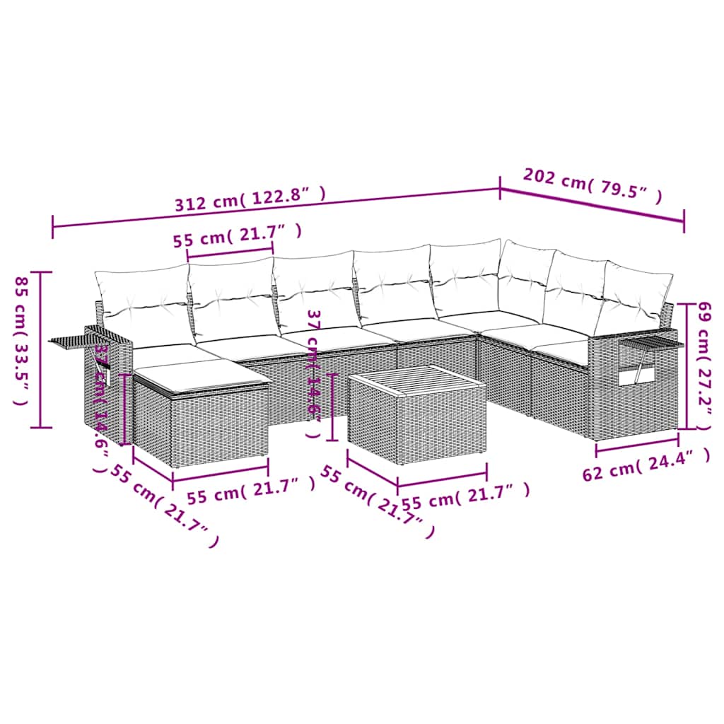 9-teiliges Gartensofa-Set mit Kissen, grau, Polyrattan