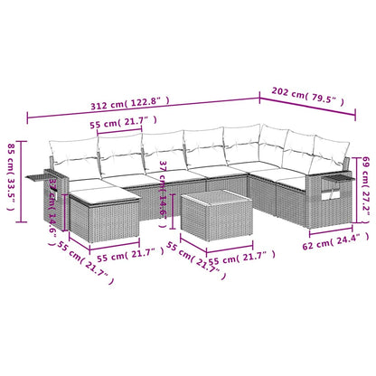 9-teiliges Gartensofa-Set mit Kissen, grau, Polyrattan