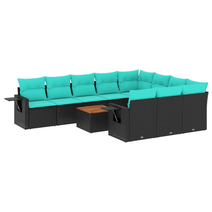 11-teiliges Gartensofa-Set mit Kissen, schwarzes Polyrattan