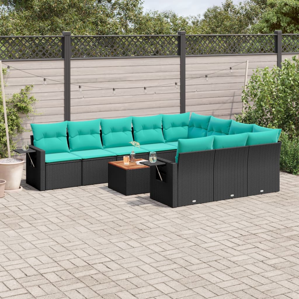 11-teiliges Gartensofa-Set mit Kissen, schwarzes Polyrattan