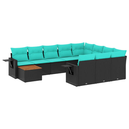 11-teiliges Gartensofa-Set mit Kissen, schwarzes Polyrattan