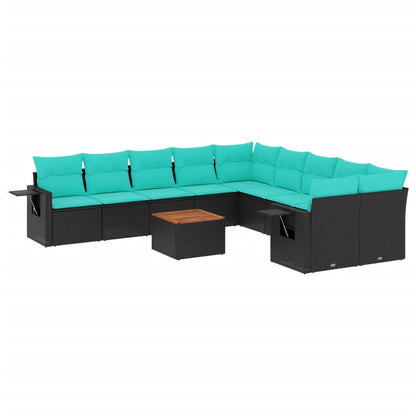 11-teiliges Gartensofa-Set mit Kissen, schwarzes Polyrattan