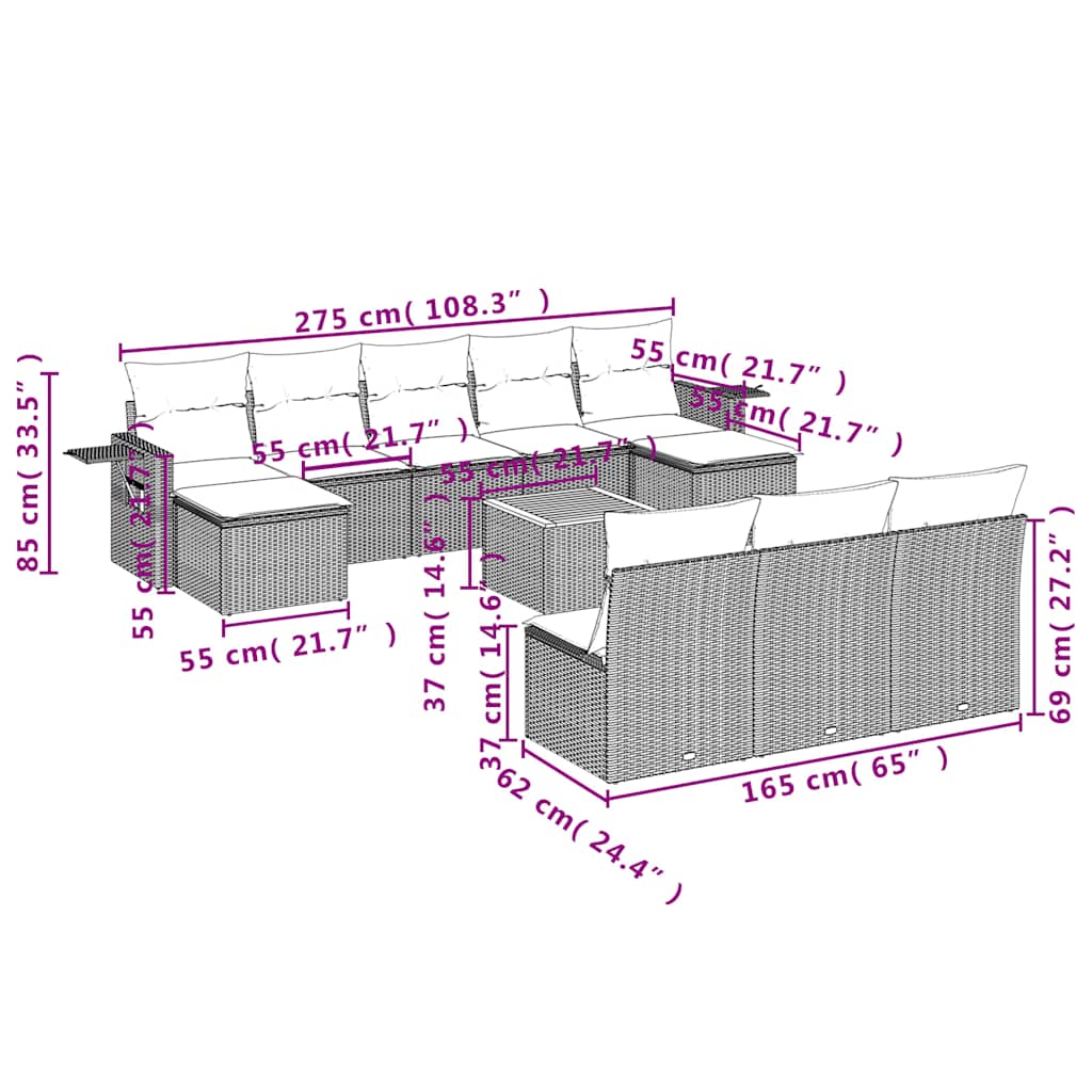 11-teiliges Gartensofa-Set mit Kissen, grau, Polyrattan