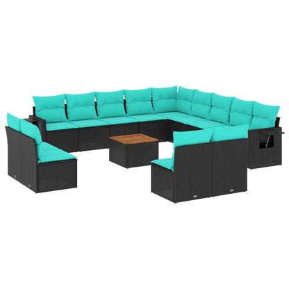 14-teiliges Gartensofa-Set mit Kissen, schwarzes Polyrattan