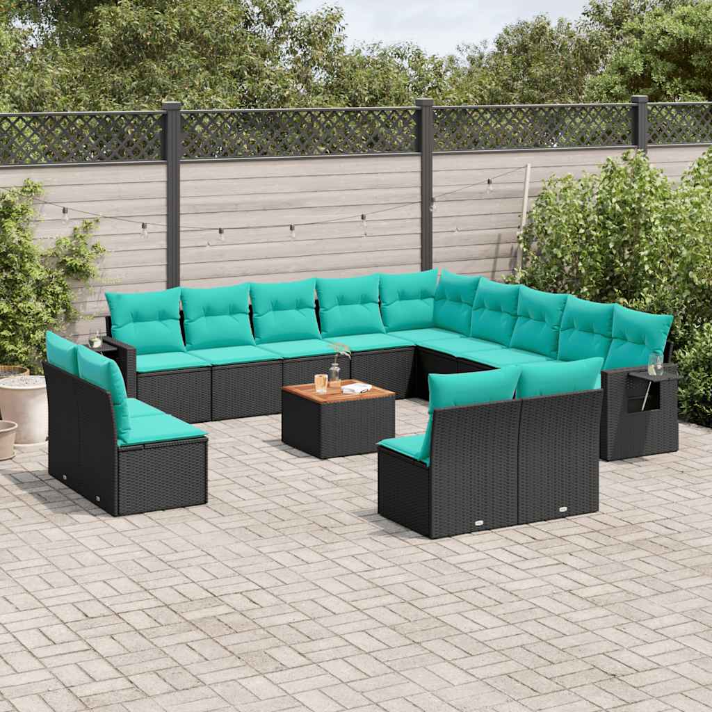 14-teiliges Gartensofa-Set mit Kissen, schwarzes Polyrattan