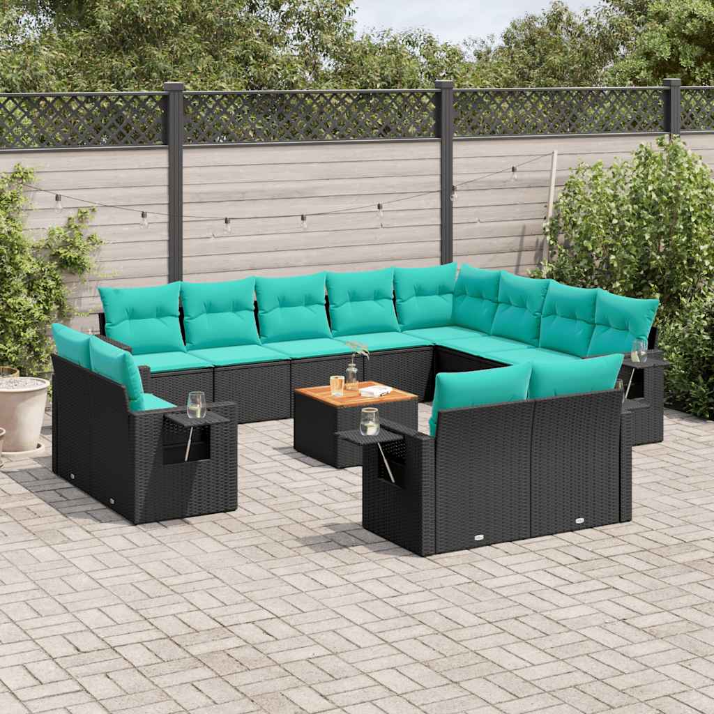 13-teiliges Gartensofa-Set mit Kissen, schwarzes Polyrattan
