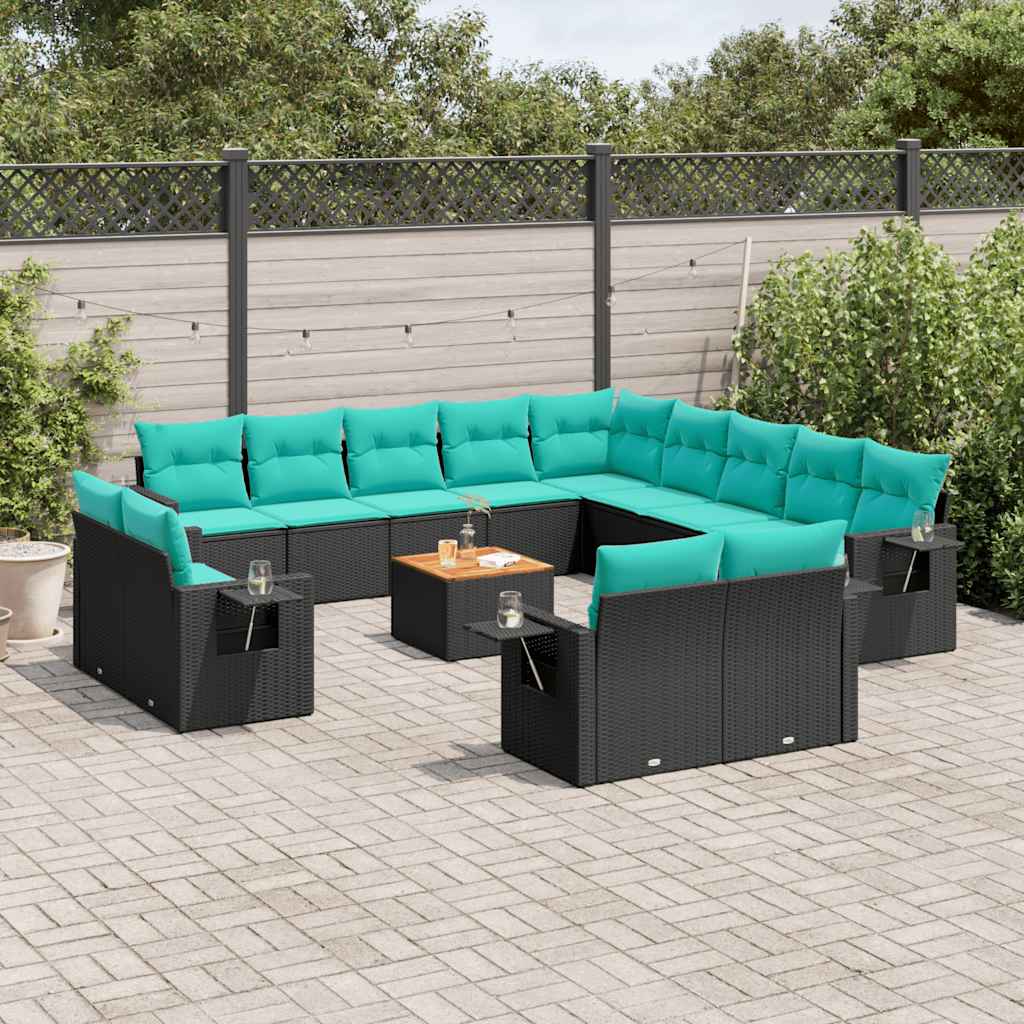 14-teiliges Gartensofa-Set mit Kissen, schwarzes Polyrattan