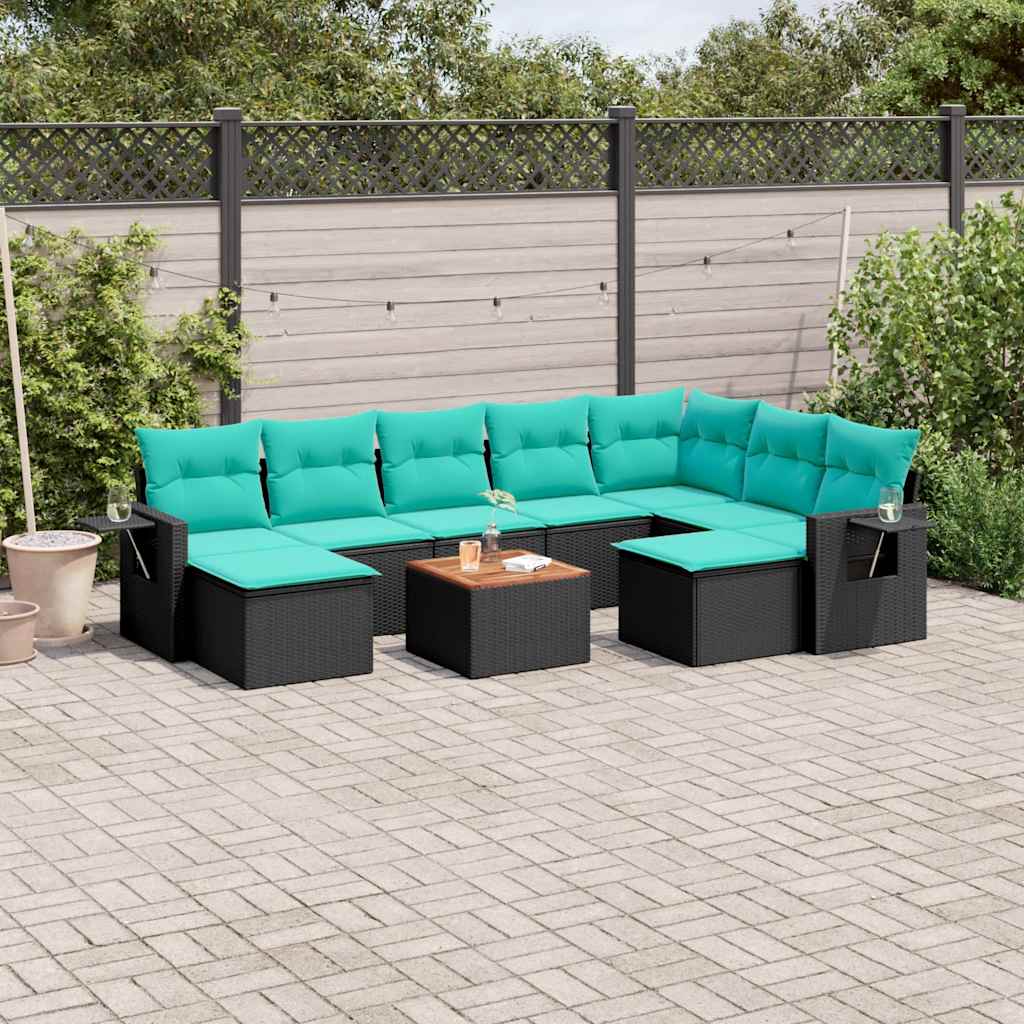 10-teiliges Gartensofa-Set mit Kissen, schwarzes Polyrattan