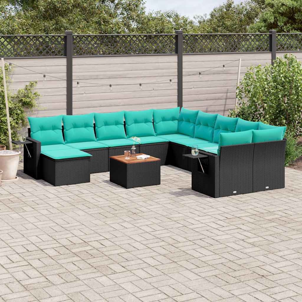 12-teiliges Gartensofa-Set mit Kissen, schwarzes Polyrattan